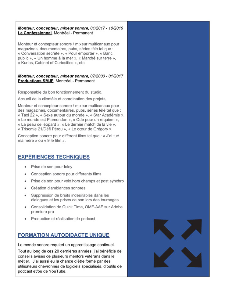 M2 Studio Post production sonore. curriculum vitae, cheminement professionnel. page 02